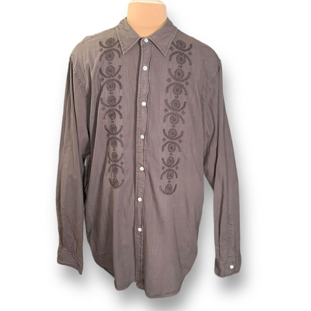 Lucky Brand Shirt Long Sleeve Button Front Brown Embroidered Abstract Floral XL
